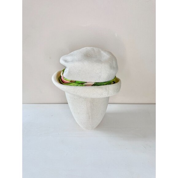 Vintage White Basketweave Green Pink Satin Twill Tie Bucket Hat - Picture 4 of 16